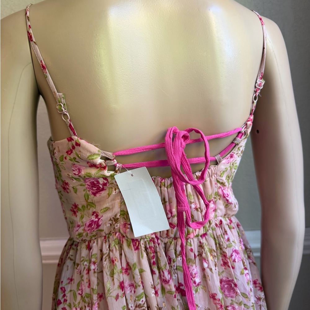 Zunie Pink Floral Midi Dress Size 12 NWT Adjustable Strap Cottagecore Sundress - Picture 7 of 8